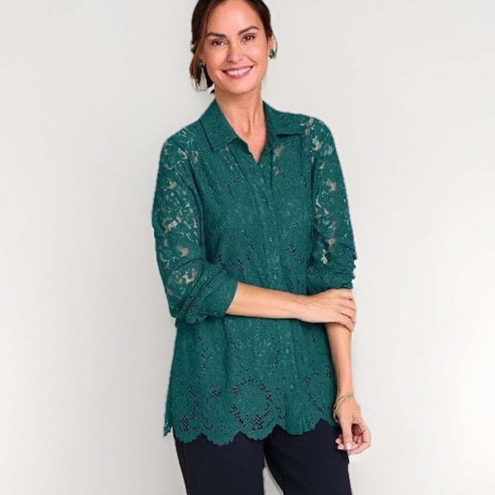 New Soft Surroundings Lisa Lace 2pc Jewel Green Blouse Women's M  Feminine Sheer